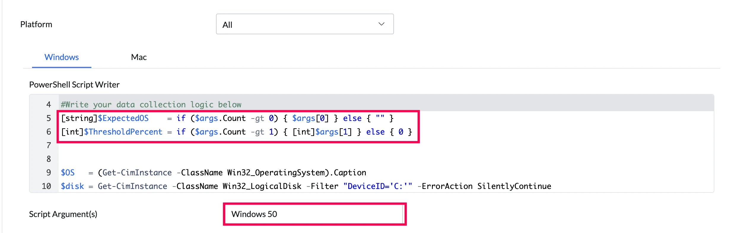 Windows script arguments in Sensors