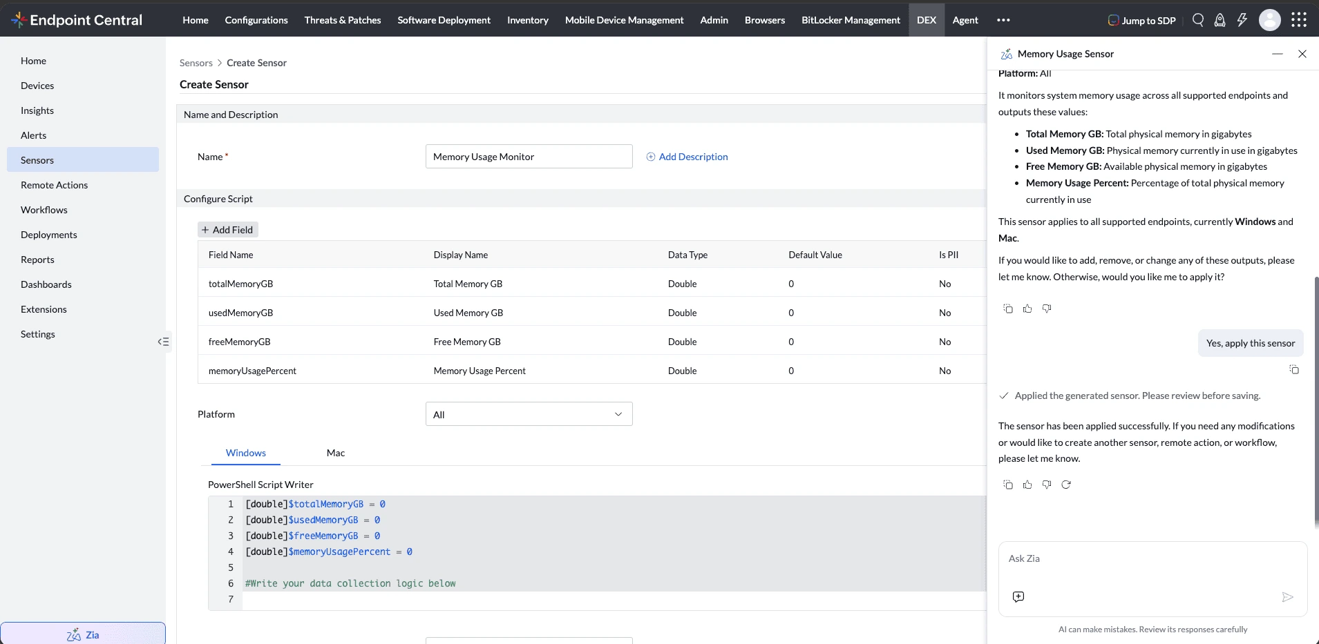 Endpoint Central Create Sensor view with generated sensor content