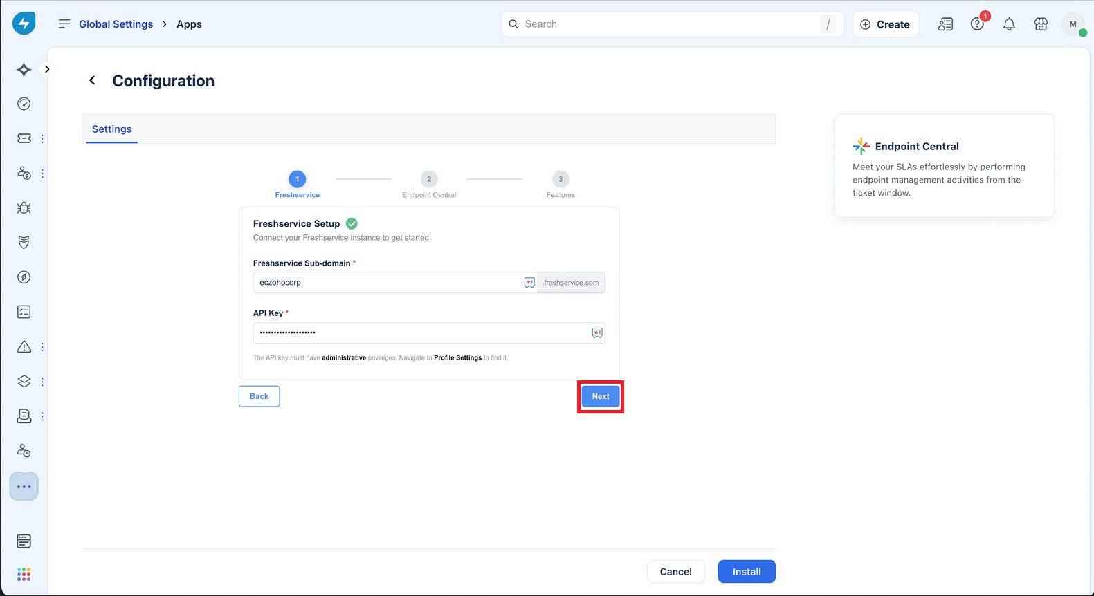 freshservice-ec-credentials-1 Configure Endpoint Central credentials in Freshservice