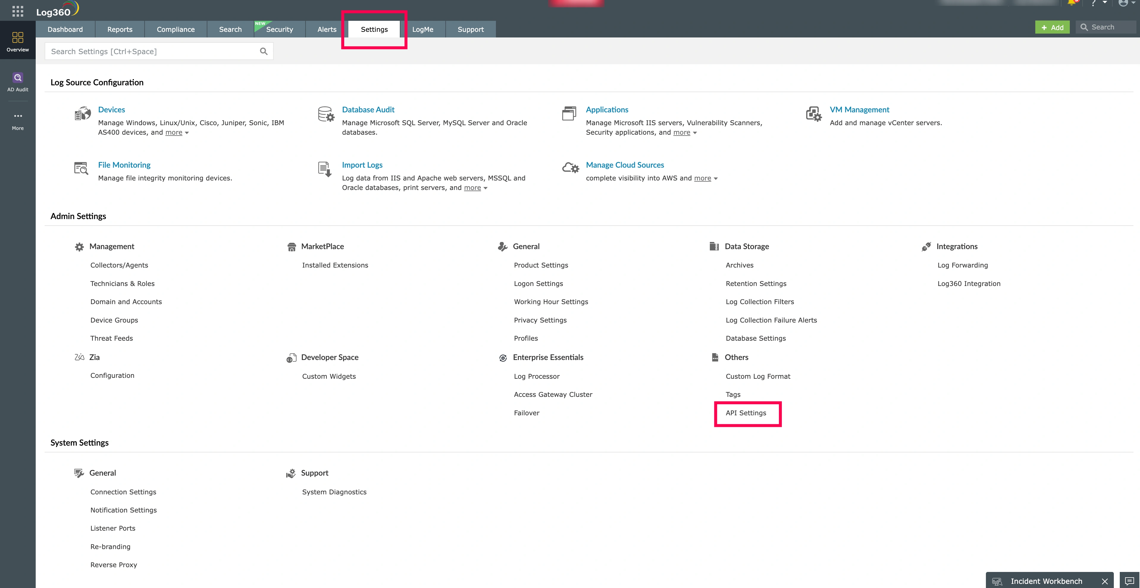 Log360 API Settings Log360 EventLog Analyzer Settings page showing the API Settings navigation option