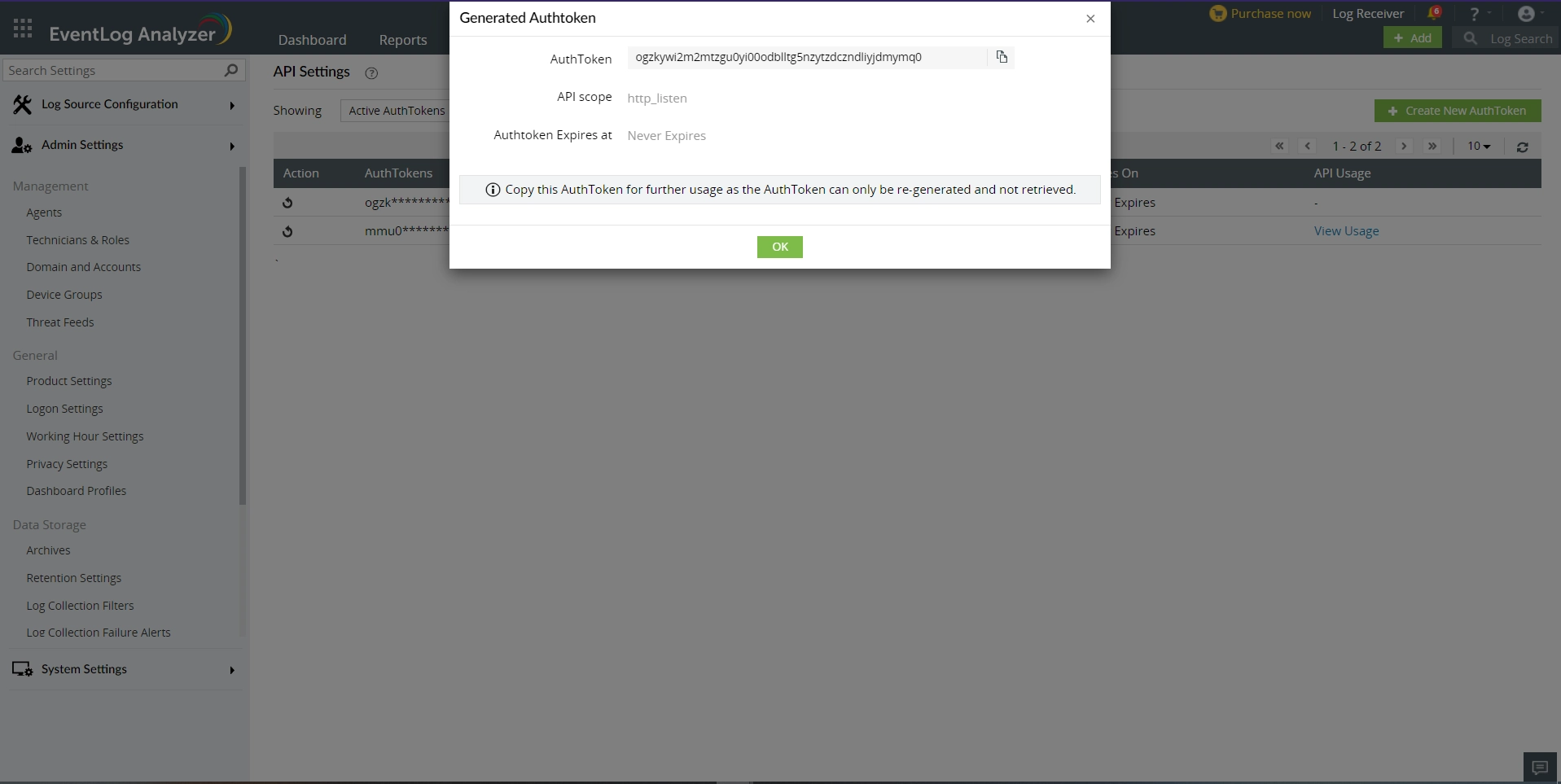 Log360 Generated API Token Log360 EventLog Analyzer showing the generated API token ready to be copied