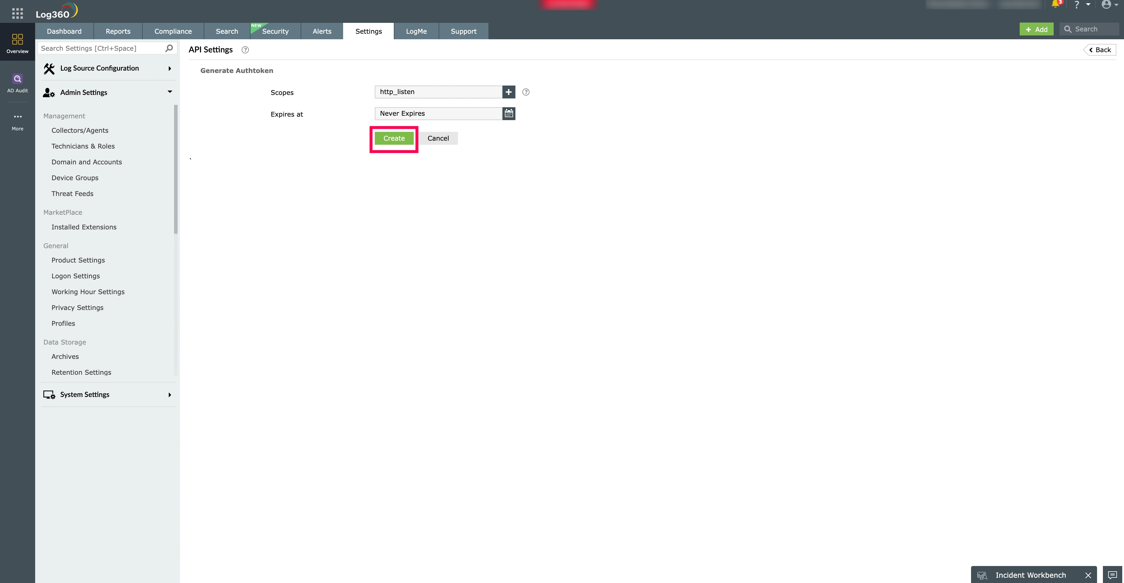 Log360 Create API Token Log360 API Settings showing http_listen entry with the Create button