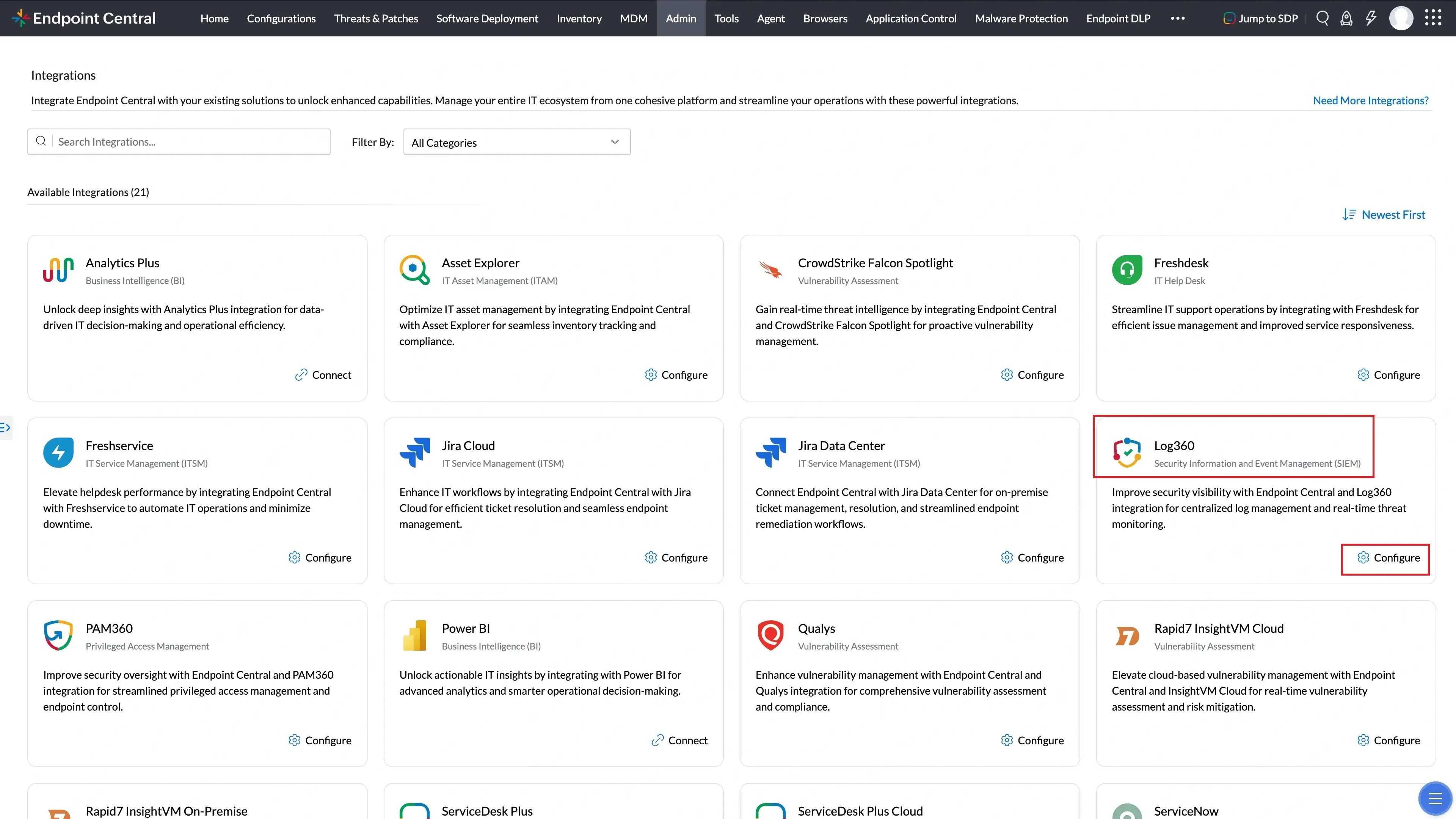 Log360 Navigation All Integrations search results showing Log360 - EventLog Analyzer with the Configure button
