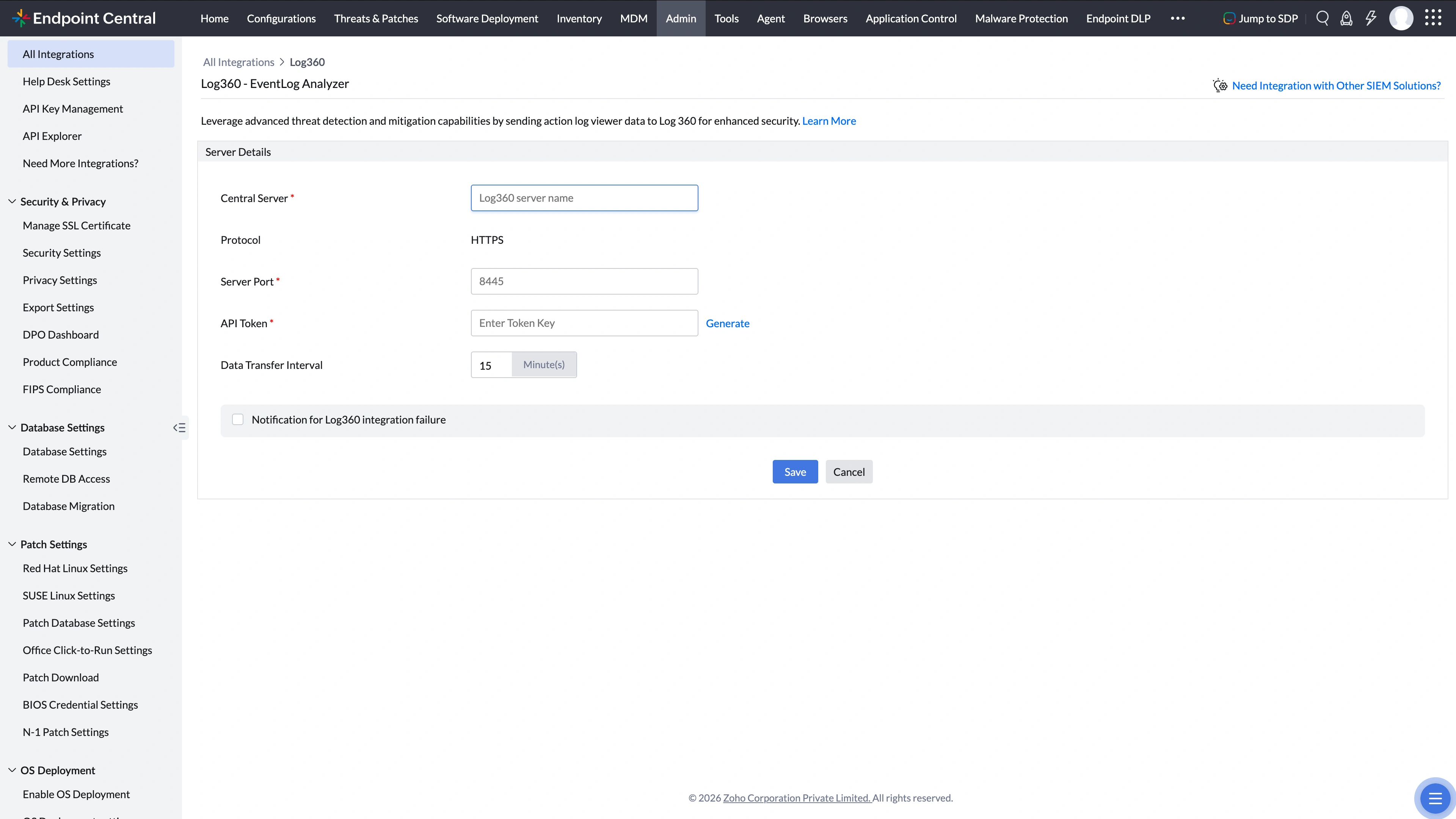 Log360 Instance Details Log360 instance details configuration panel showing server name, port number, and API token fields