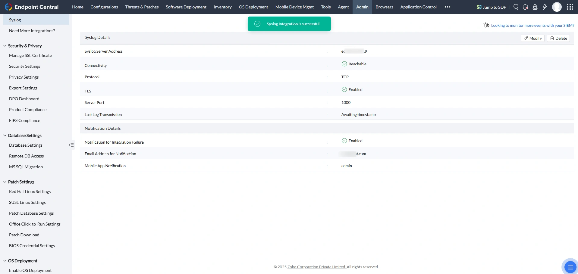 Syslog Integration Details Syslog integration details view showing the active integration status between Endpoint Central and the Syslog server