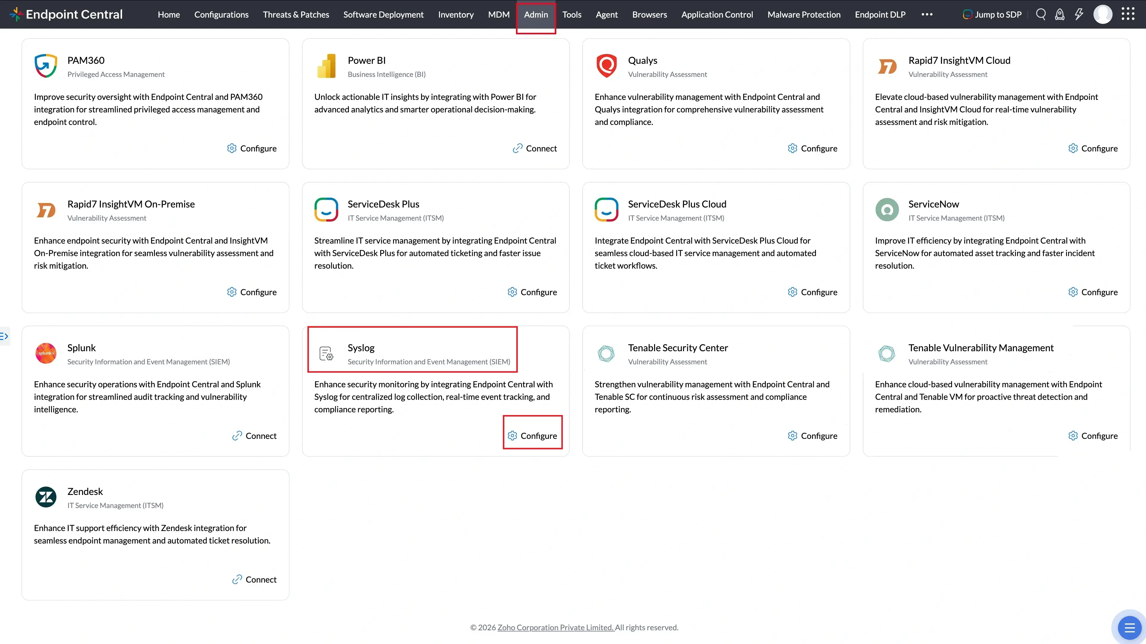 Syslog Navigation All Integrations search results showing Syslog with the Configure button