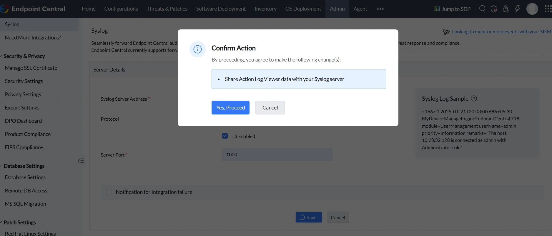 Syslog Confirm Integration Consent confirmation dialog showing the Yes Proceed button to allow Action Log Viewer data sharing with the Syslog server