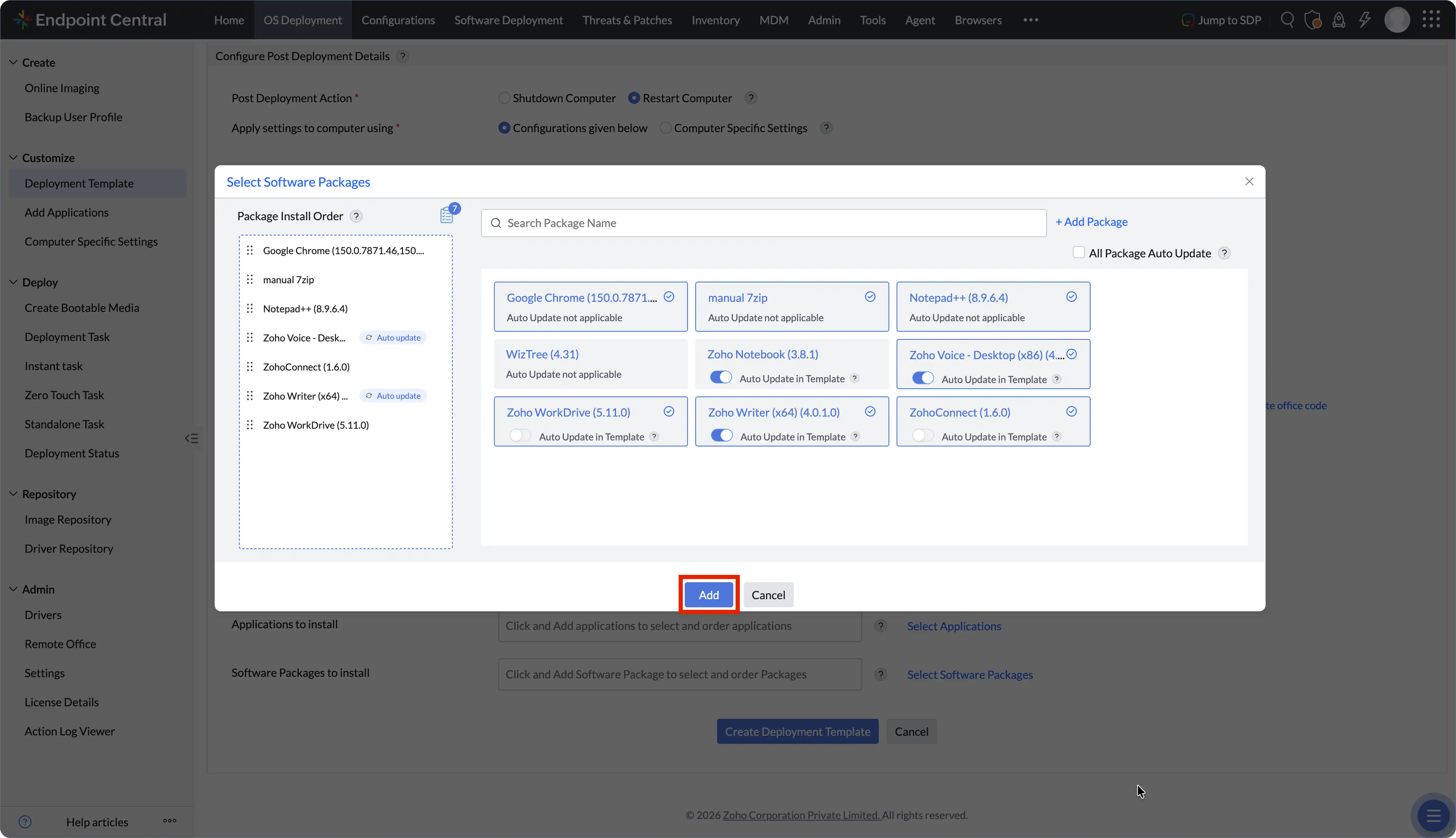 Adding Software to Deployment Template