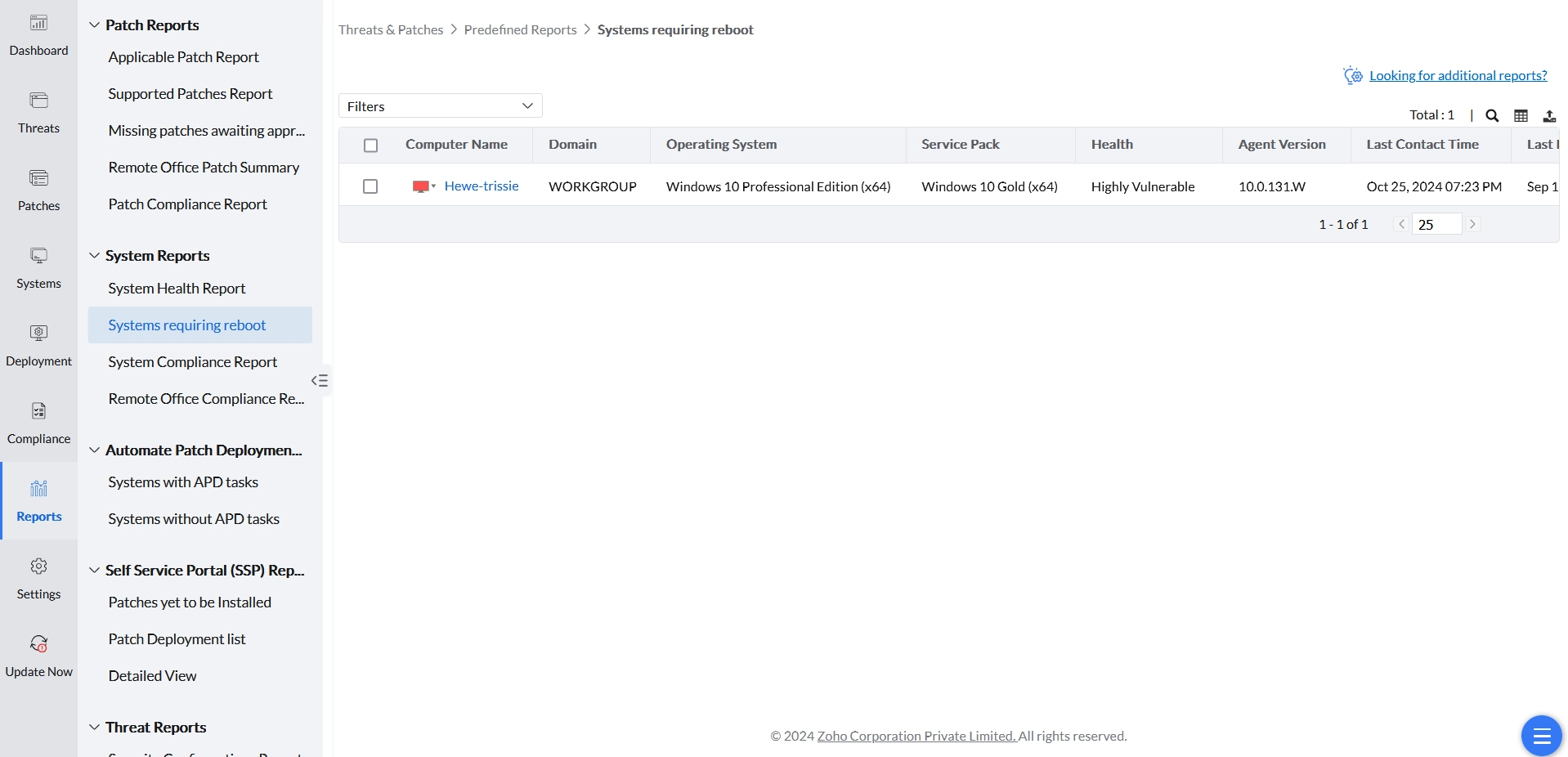 Systems Requiring Reboot Systems Requiring Reboot report listing managed systems that need a reboot to complete patch installation