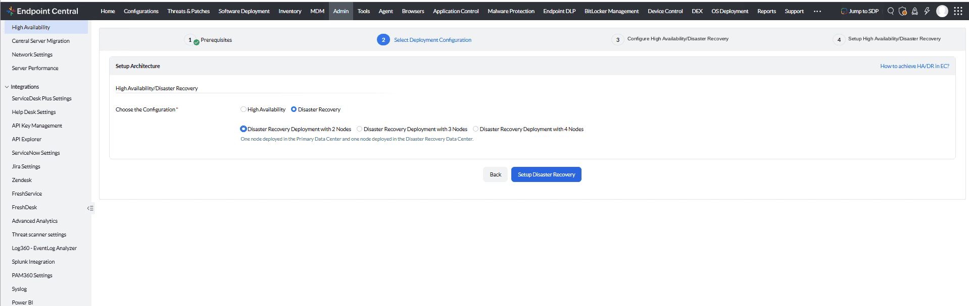 Select Deployment Configuration — Disaster Recovery with 2 Nodes