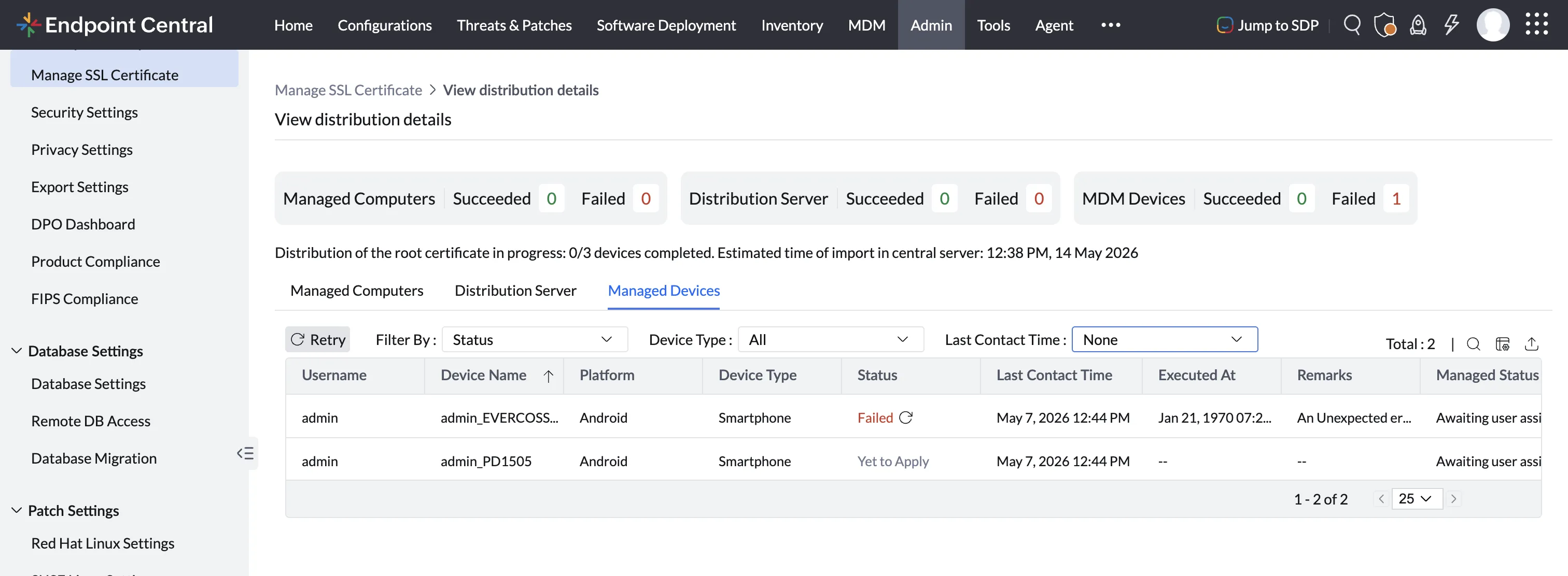 retry certificate distribution configure-replication-policy