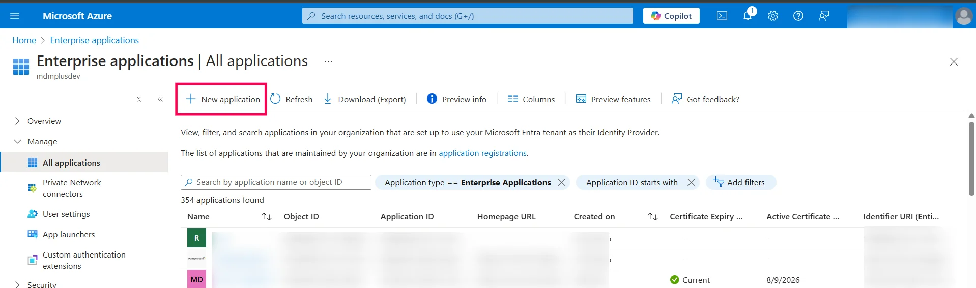 SAML Authentication settings for Azure Select New Application