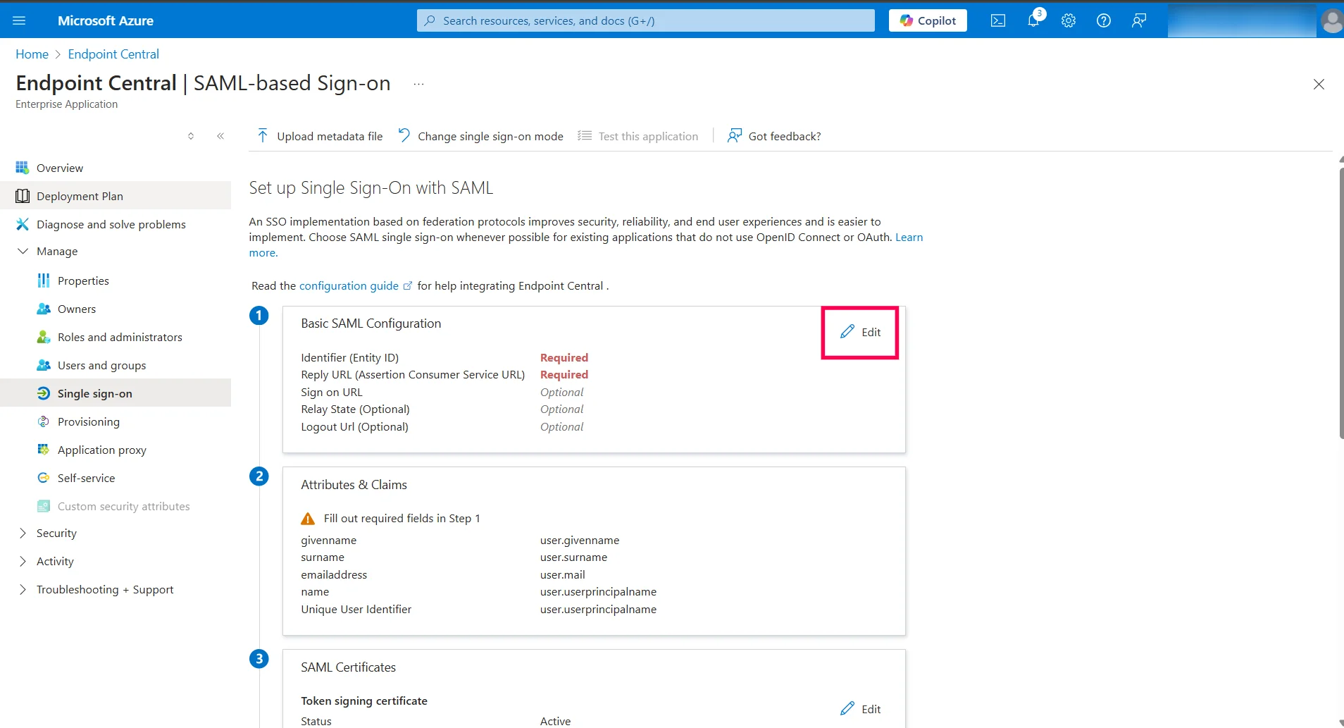SAML Authentication settings for Azure Azure select edit option (the pencil icon)