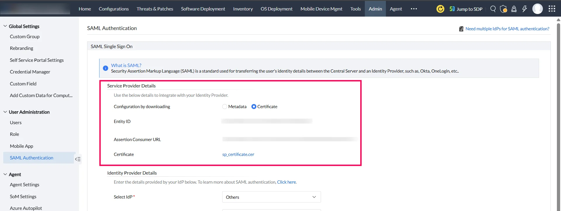 SAML Authentication settings for Azure Azure Choose Certificate next to Configuration by downloading.