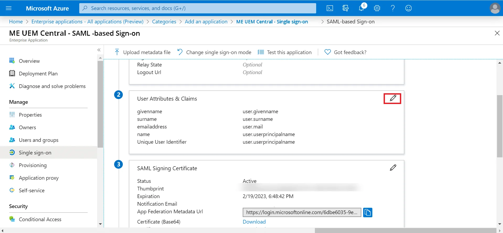 SAML Authentication settings for Azure Azure User Attributes & Claims