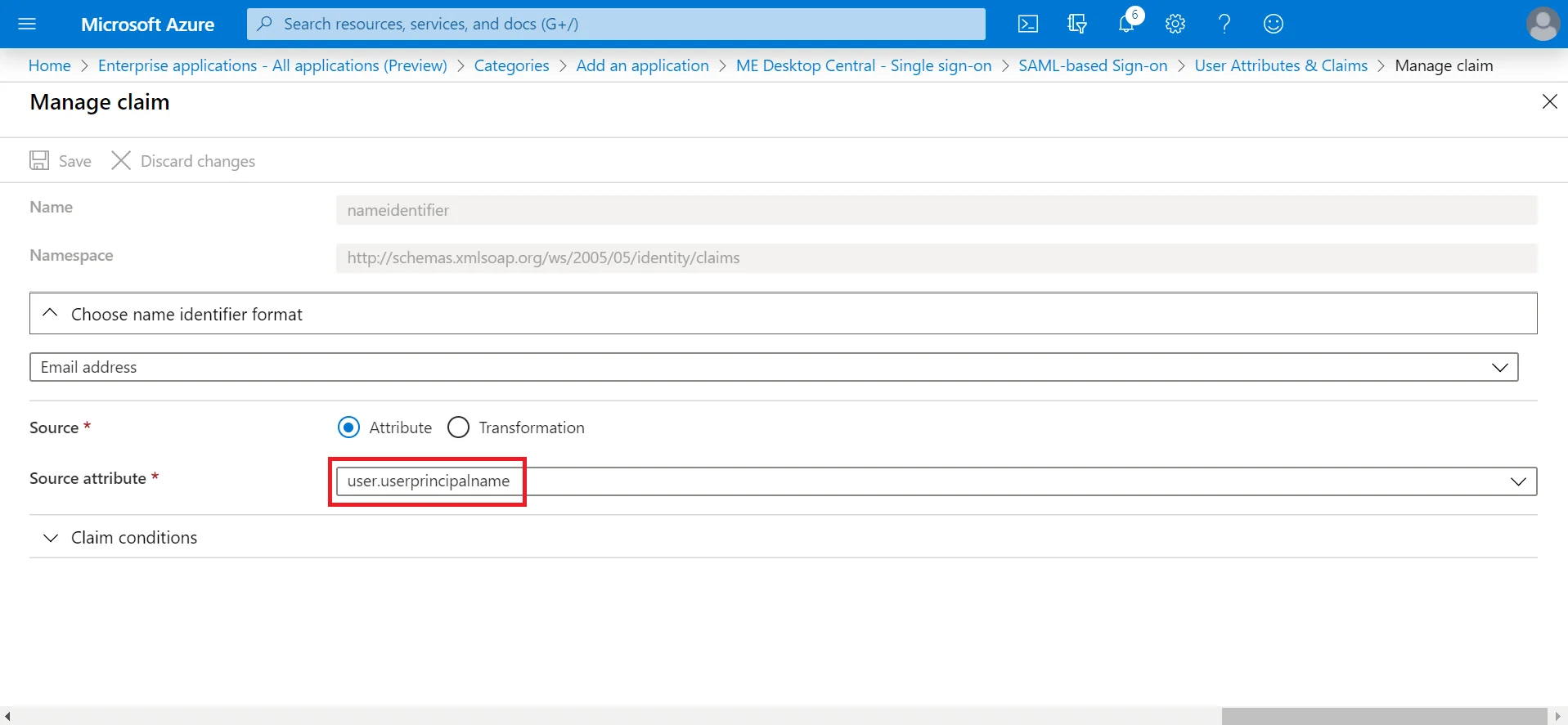 SAML Authentication settings for Azure Azure click user.userprincipalname