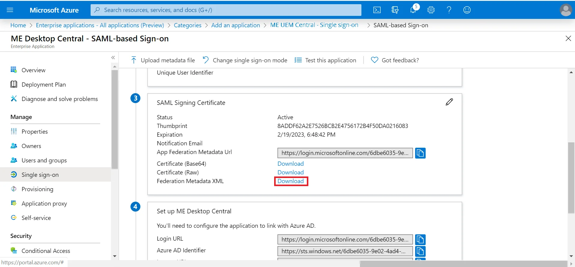 SAML Authentication settings for Azure Azure download Federation Metadata XML.