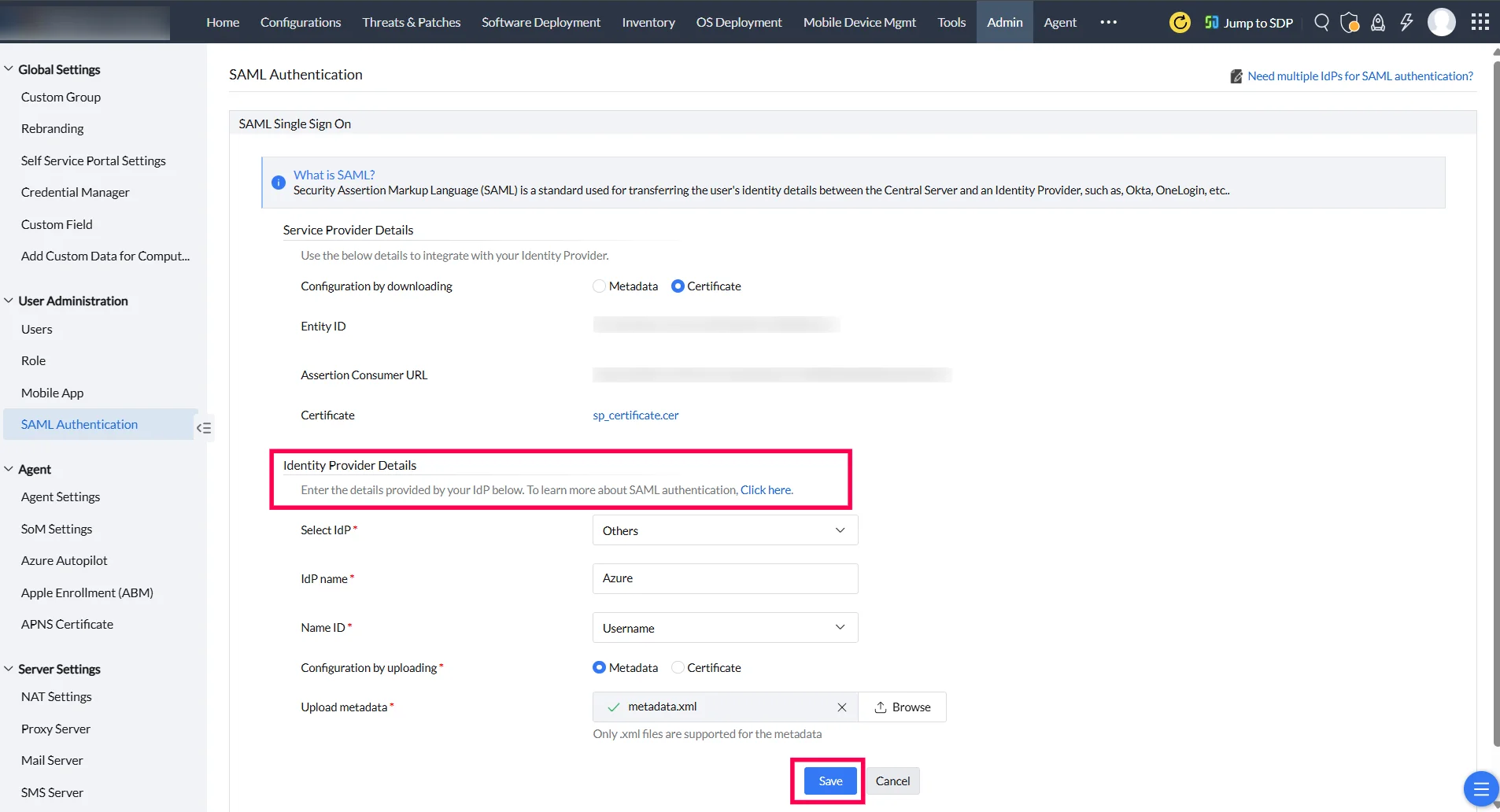 SAML Authentication settings for Azure SAML Authentication central server identiy provider details