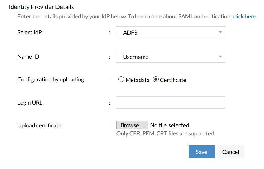 Data required by Desktop Central Identity provider details