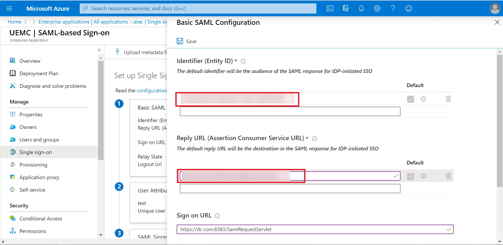 SAML Authentication settings for Azure Azure Paste the Entity ID next to Identifier, and the Assertion Consumer URL
