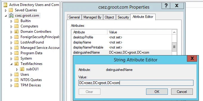 Viewing the distinguishedName attribute from the OU or Domain properties Attribute Editor