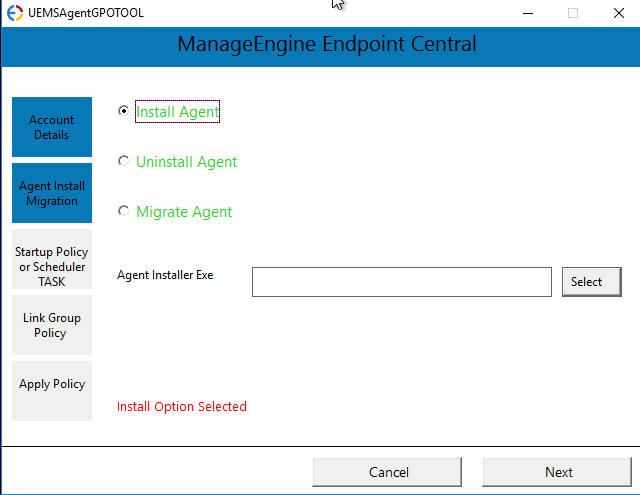Selecting the required action — Installation, Uninstallation, or Migration