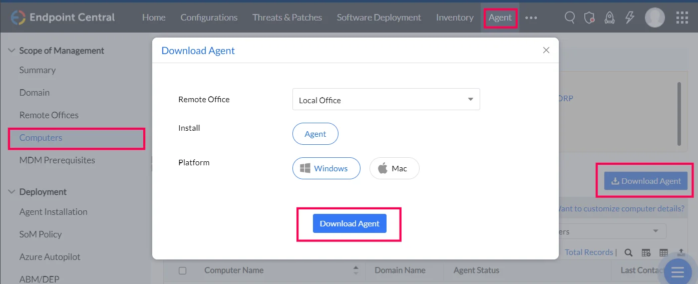 Downloading the agent installer from Agent > Computers and adding it to the tool