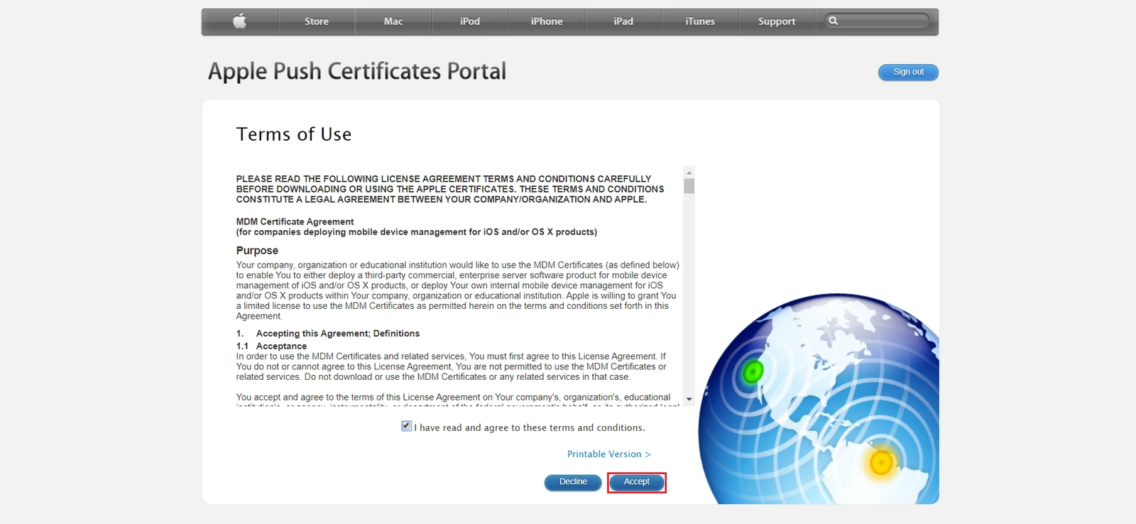 Accepting the terms and conditions on the Apple Push Certificates Portal