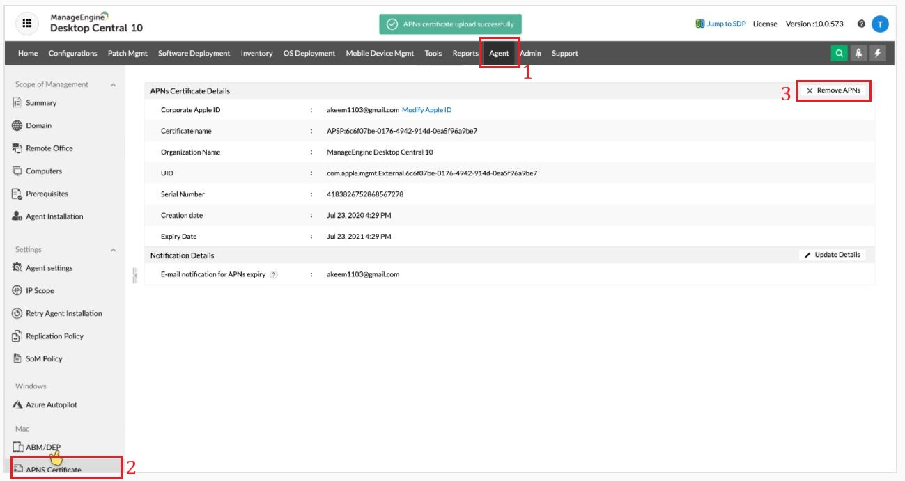 Removing the APNs certificate from Agent > APNs Certificate under Mac