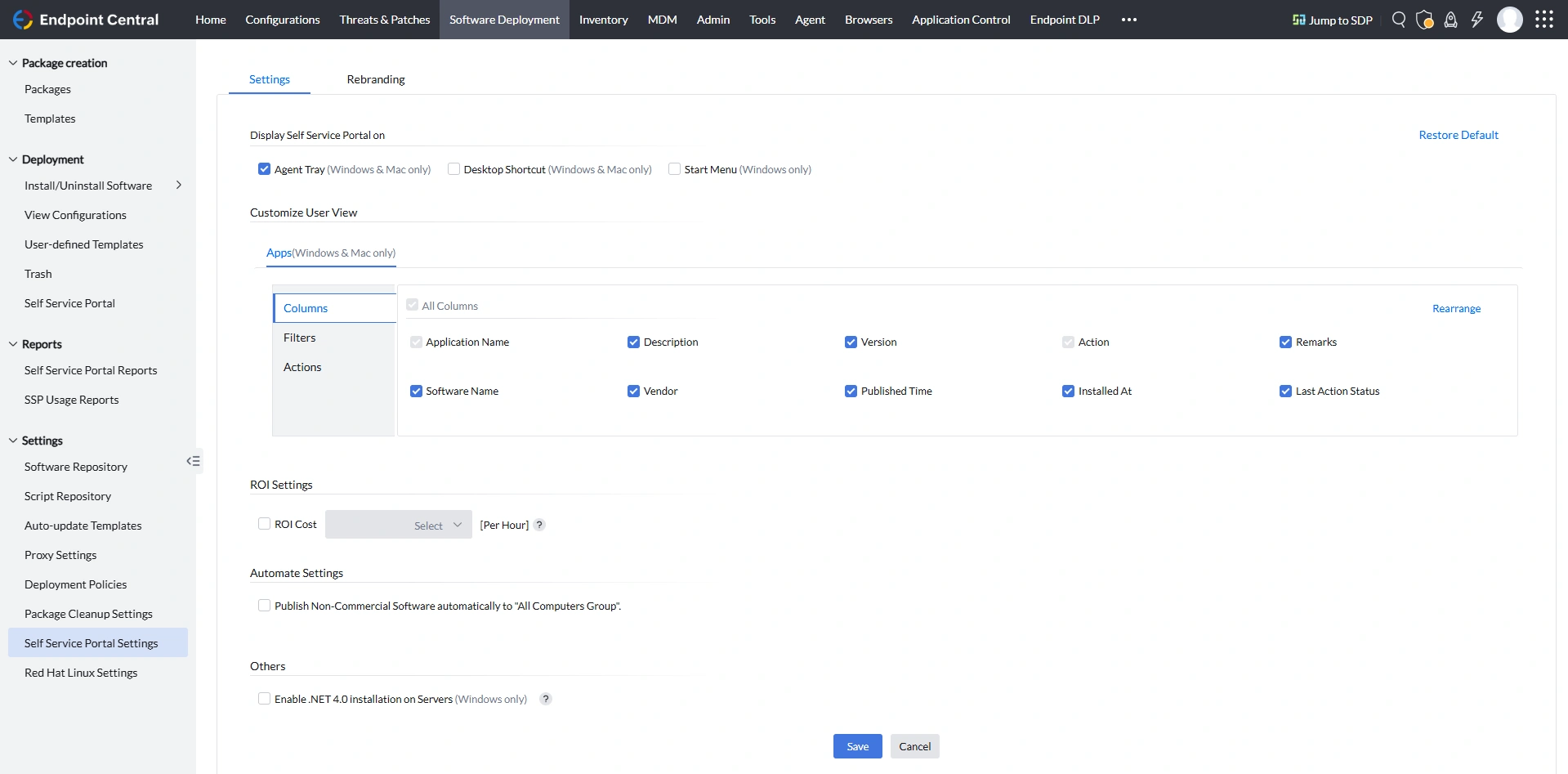 Self Service Portal Settings UI in Central Server
