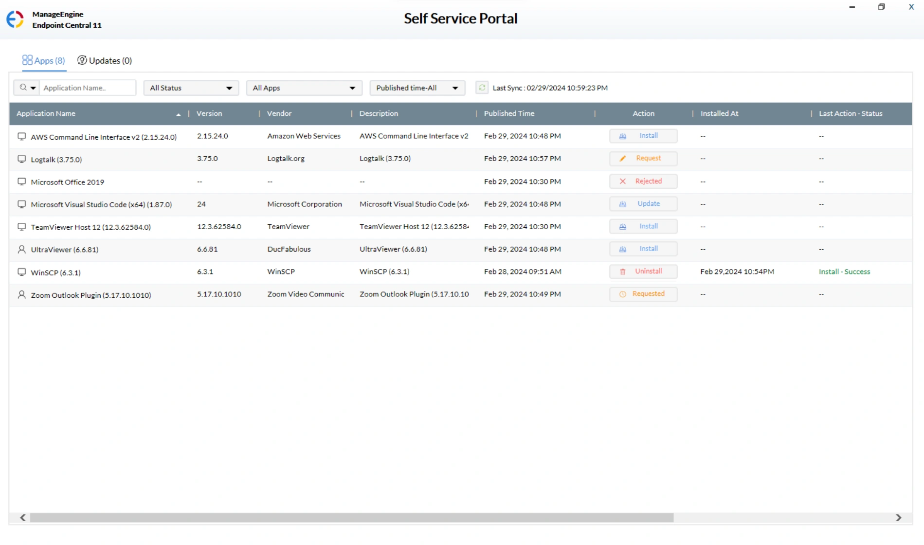 Self Service Portal end user UI to install software.