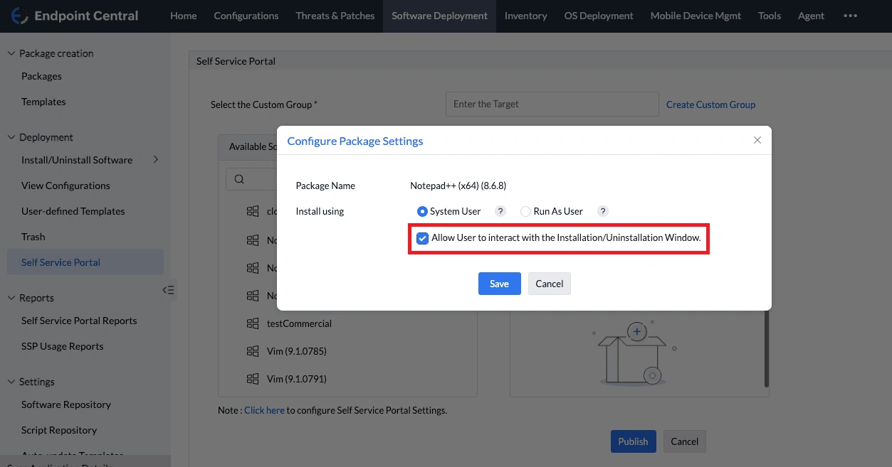 Enabling Allow User to interact with the Installation/Uninstallation Window