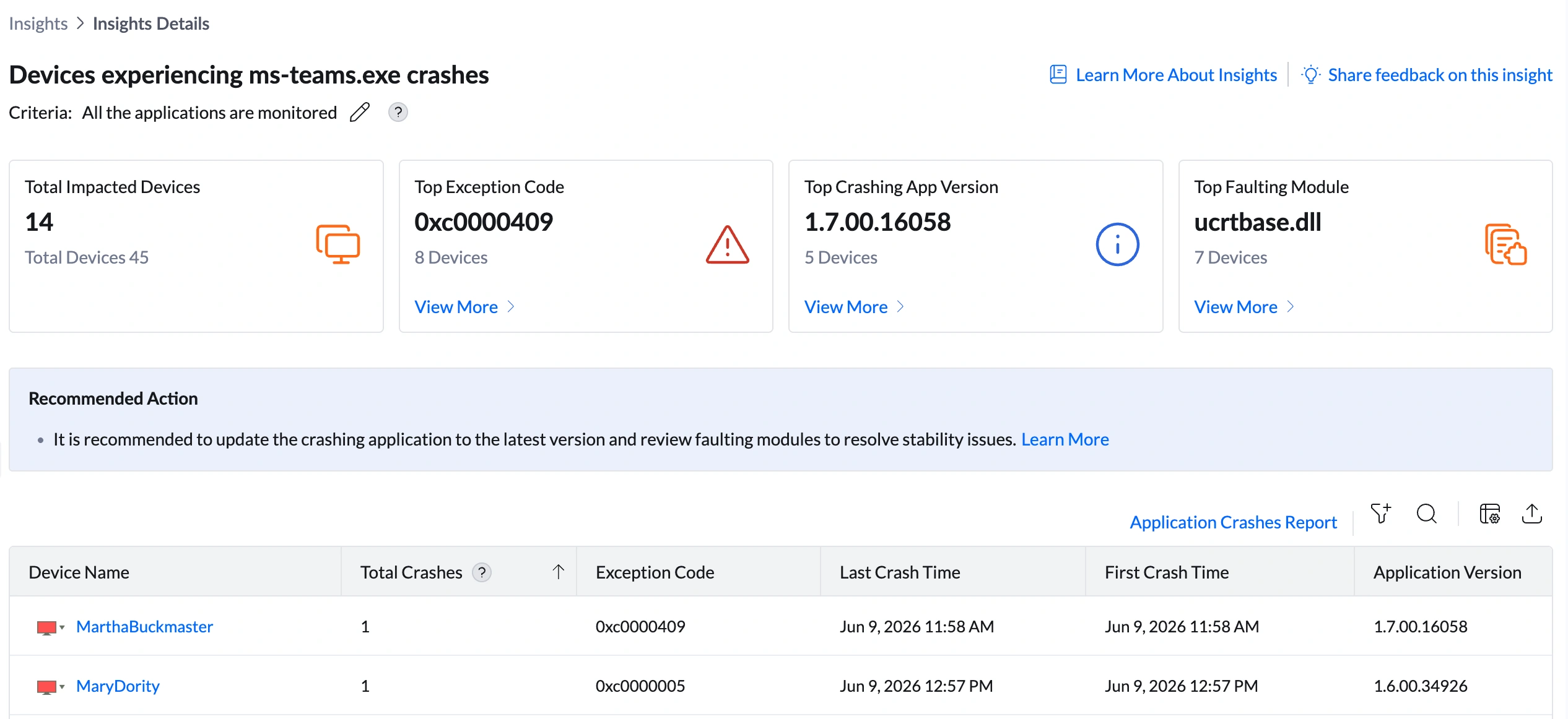 Insight summary bar showing Total Impacted Devices, Top Exception Code, Top Crashing App Version, Top Faulting Module Insight summary bar showing Total Impacted Devices, Top Exception Code, Top Crashing App Version, Top Faulting Module