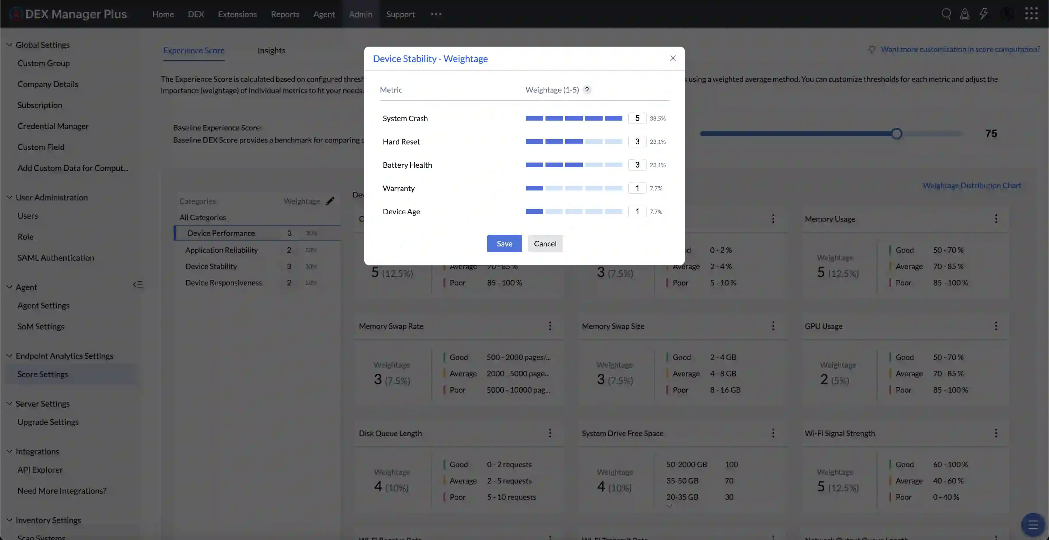 Threshold Configuration for Metrics Configuring Good, Average, and Poor ranges for a metric using color-coded sliders