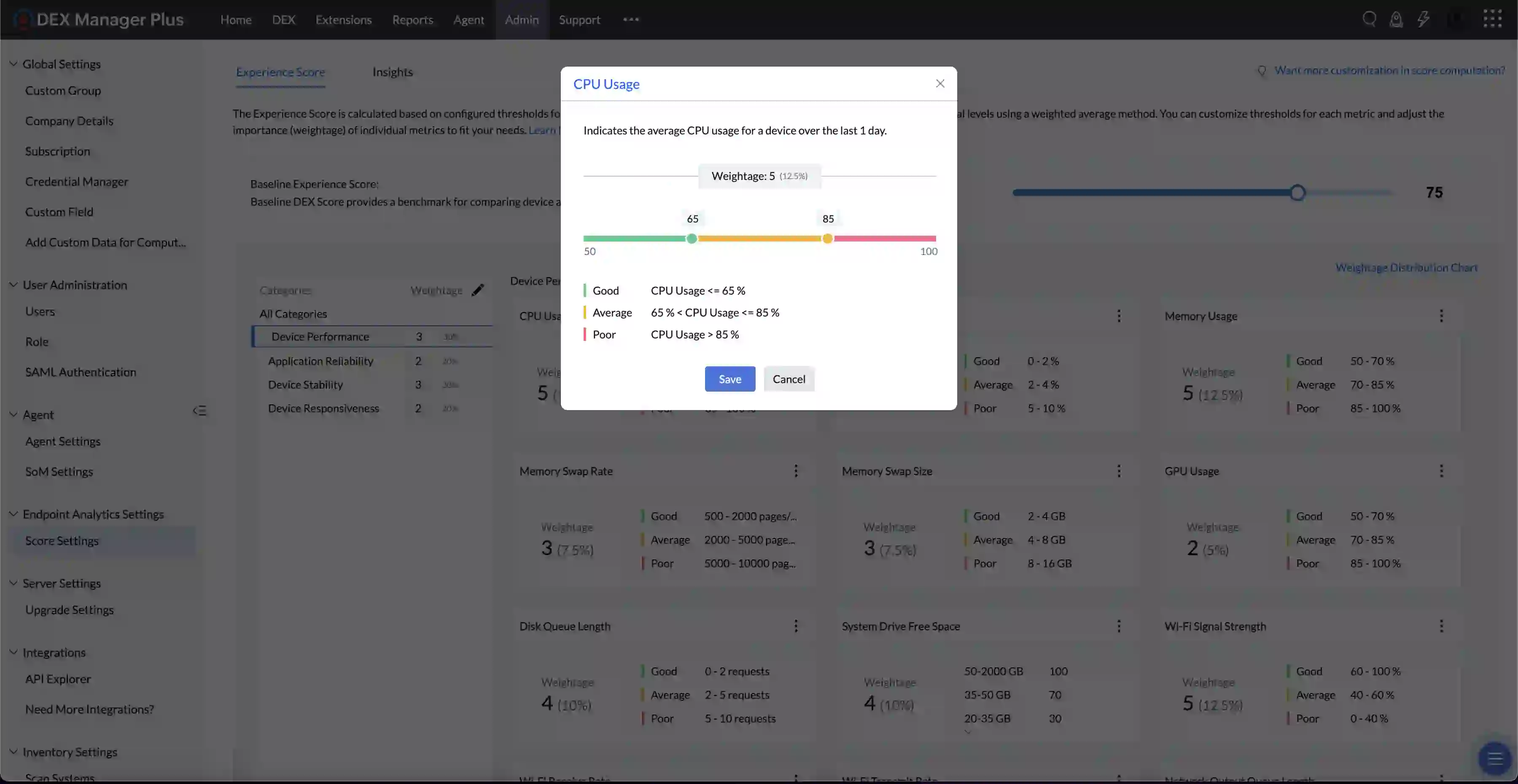 Disabling Irrelevant Metrics Metric tile with toggle to enable or disable a metric from DEX Score calculations