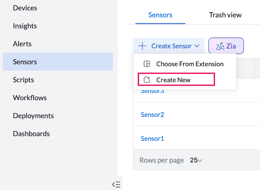 Create Sensor dropdown with Create New Create Sensor dropdown with Create New