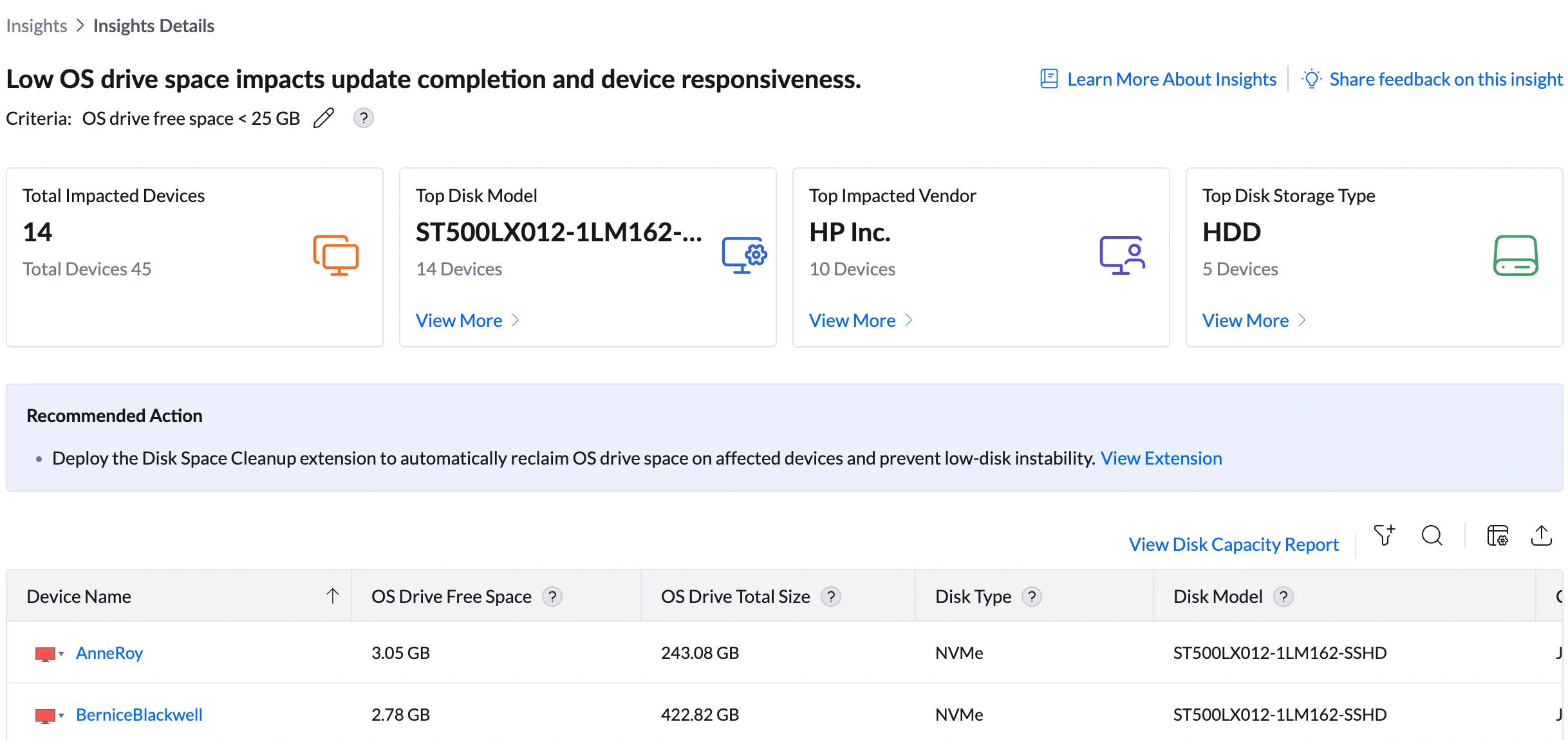 Insight summary bar showing Total Impacted Devices, Top Disk Model, Top Impacted Vendor, Top Disk Storage Type Insight summary bar showing Total Impacted Devices, Top Disk Model, Top Impacted Vendor, Top Disk Storage Type
