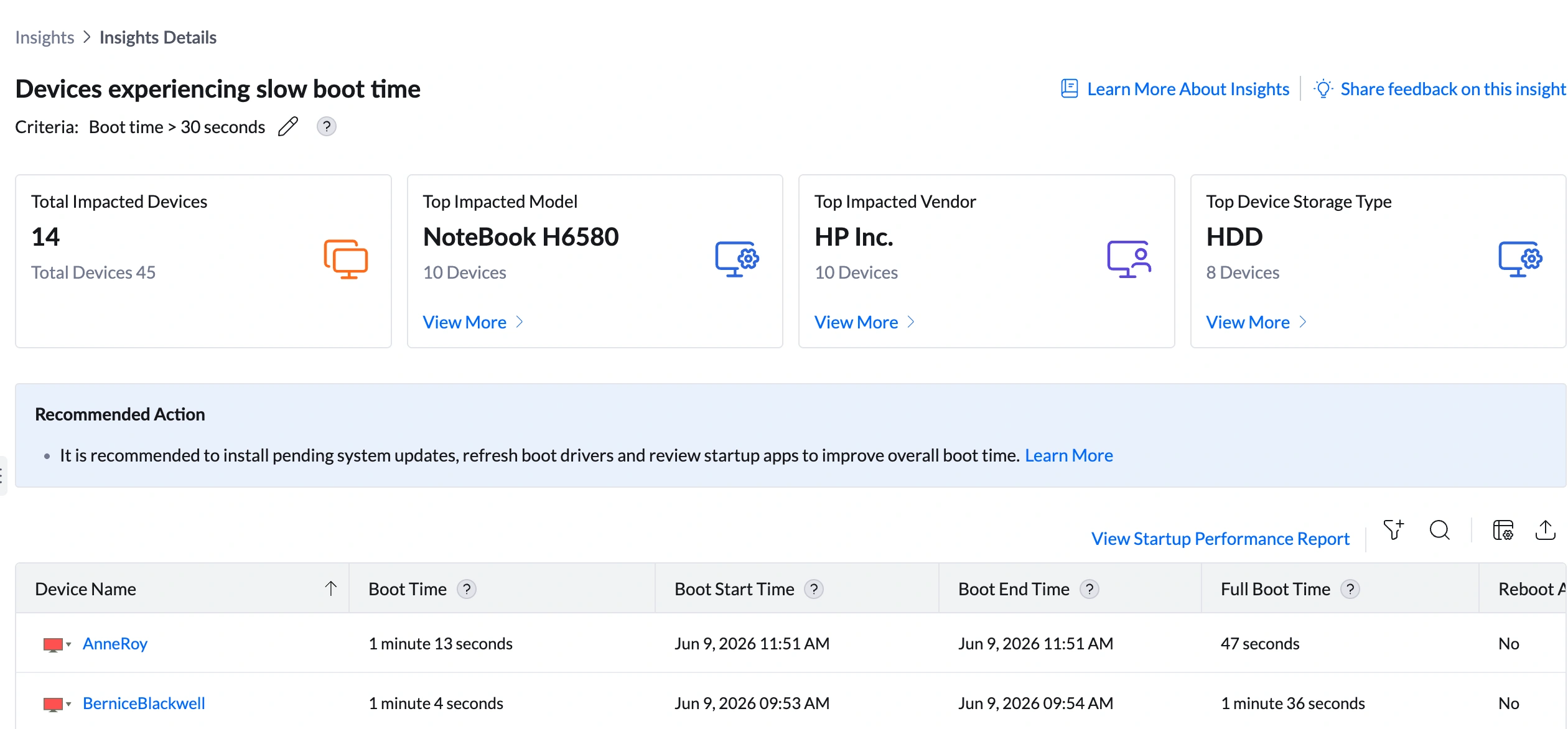 Insight summary bar showing Total Impacted Devices, Top Impacted Model, Top Impacted Vendor, Top Device Storage Type Insight summary bar showing Total Impacted Devices, Top Impacted Model, Top Impacted Vendor, Top Device Storage Type
