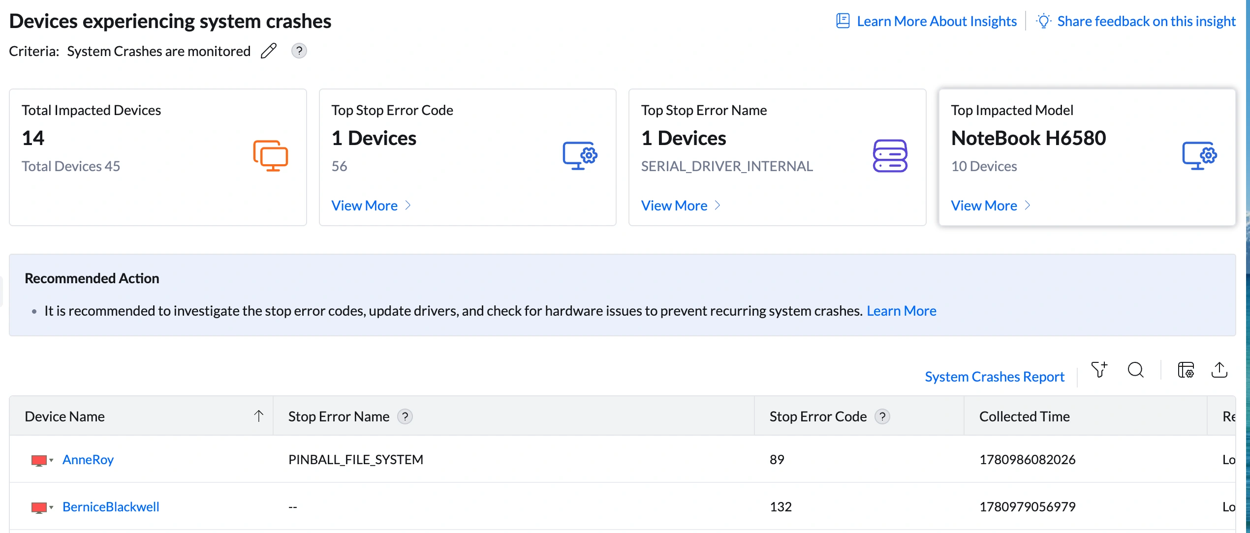 Insight summary bar showing Total Impacted Devices, Top Stop Error Code, Top Stop Error Name, Top Impacted Model Insight summary bar showing Total Impacted Devices, Top Stop Error Code, Top Stop Error Name, Top Impacted Model
