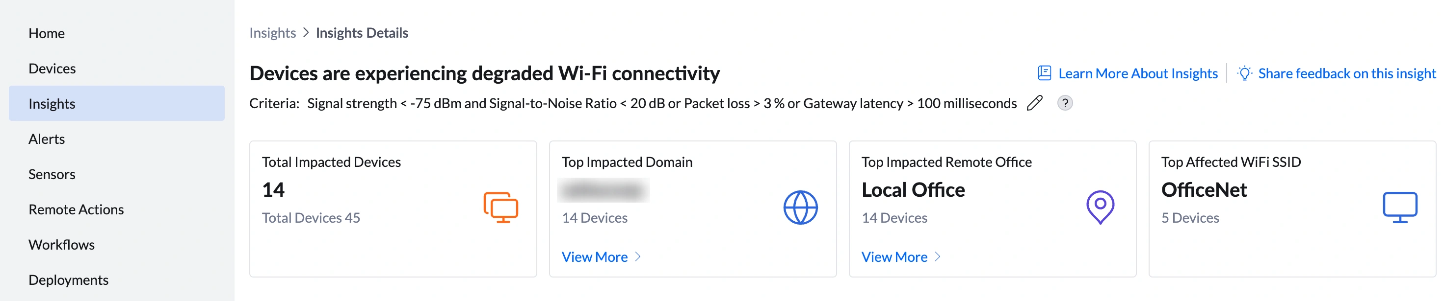 Insight summary bar showing Total Impacted Devices (14 of 45), Top Impacted Domain (zohocorp, 14 devices), Top Impacted Remote Office (Local Office, 14 devices), Top Affected WiFi SSID (OfficeNet, 5 devices) Insight summary bar showing Total Impacted Devices (14 of 45), Top Impacted Domain (zohocorp, 14 devices), Top Impacted Remote Office (Local Office, 14 devices), Top Affected WiFi SSID (OfficeNet, 5 devices)