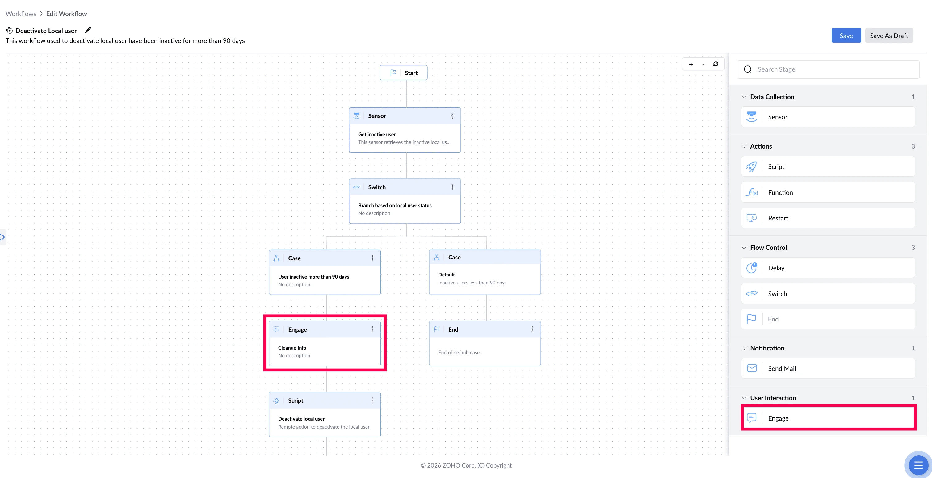 Workflow canvas highlighting the Engage stage Workflow canvas highlighting the Engage stage.