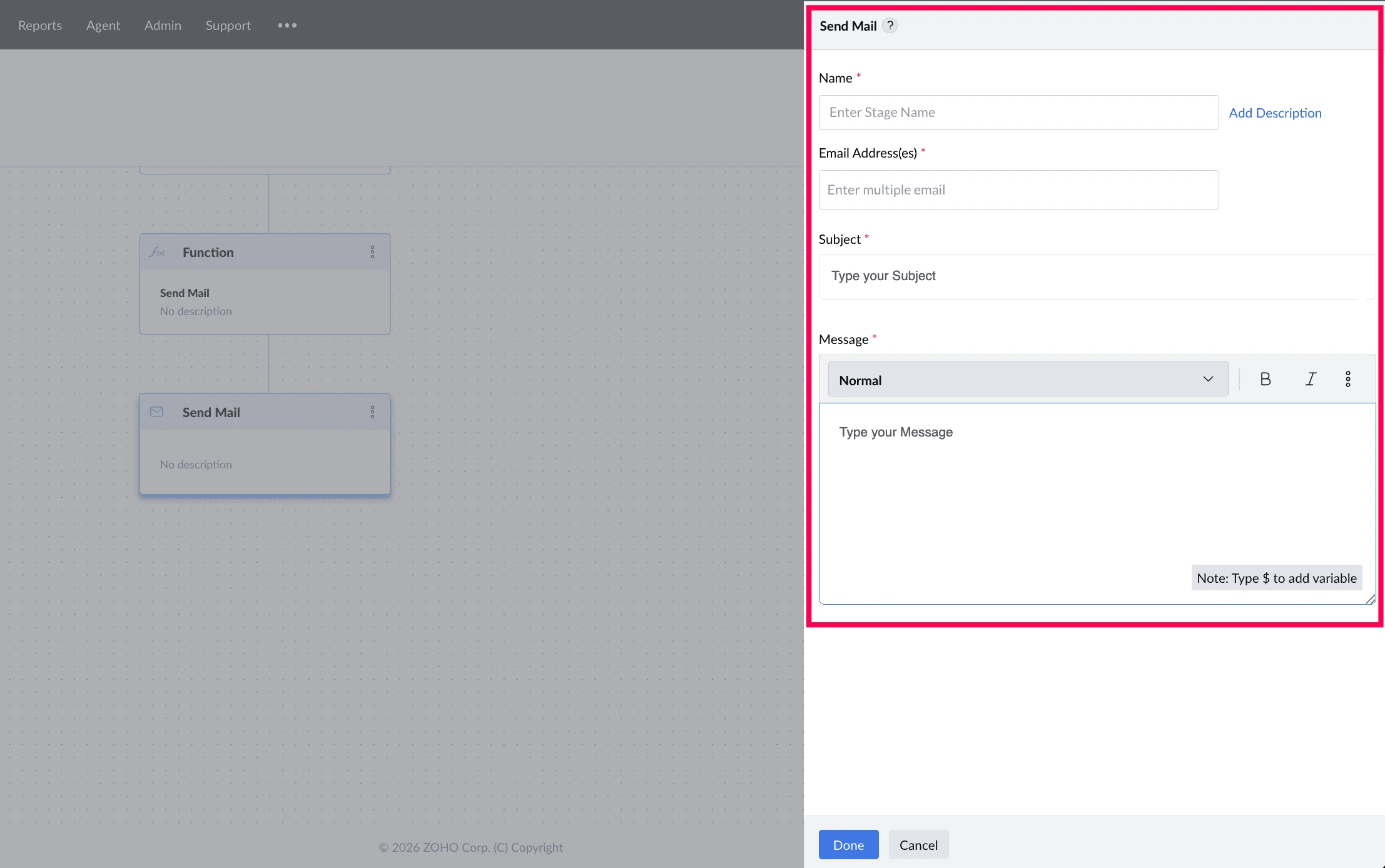 Send Mail stage recipient, subject, and message configuration Send Mail stage recipient, subject, and message configuration.