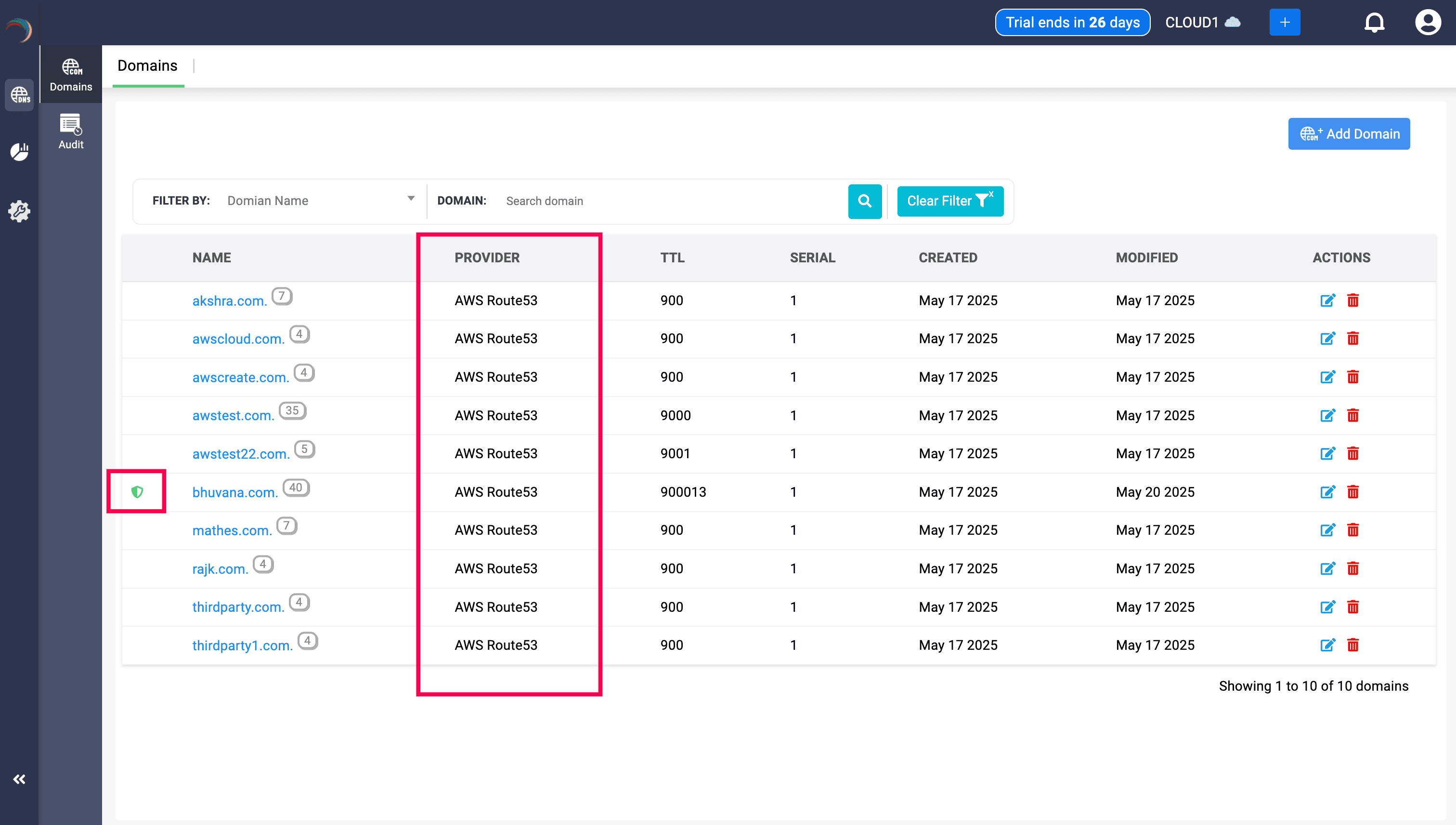 Domains List - DDI Central Console