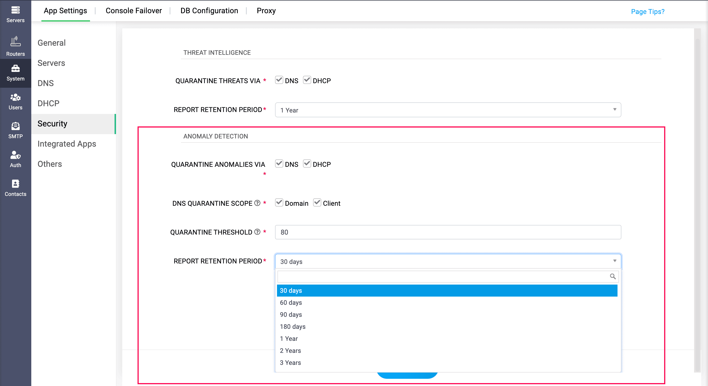 Anomaly report retention settings in DDI Central