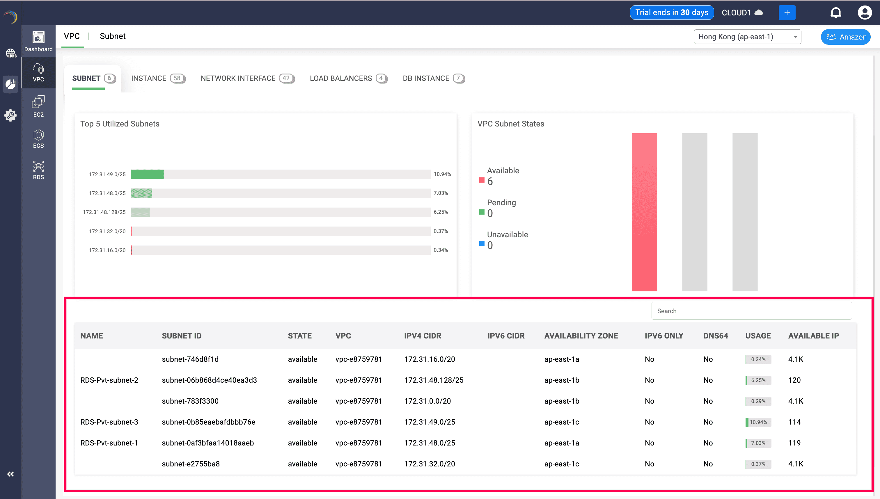 Subnet tab analytics in DDI Central