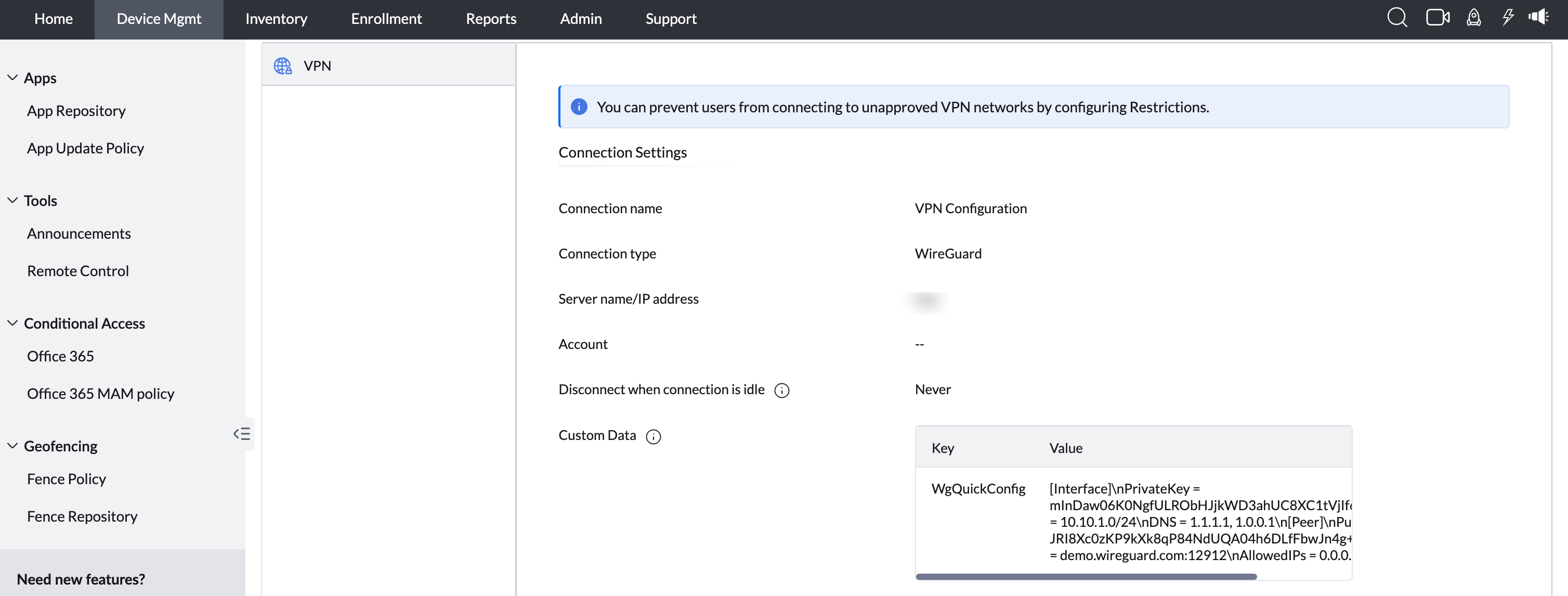 WireGuard configuration entered in the Custom Data Key and Value fields of the MDM console