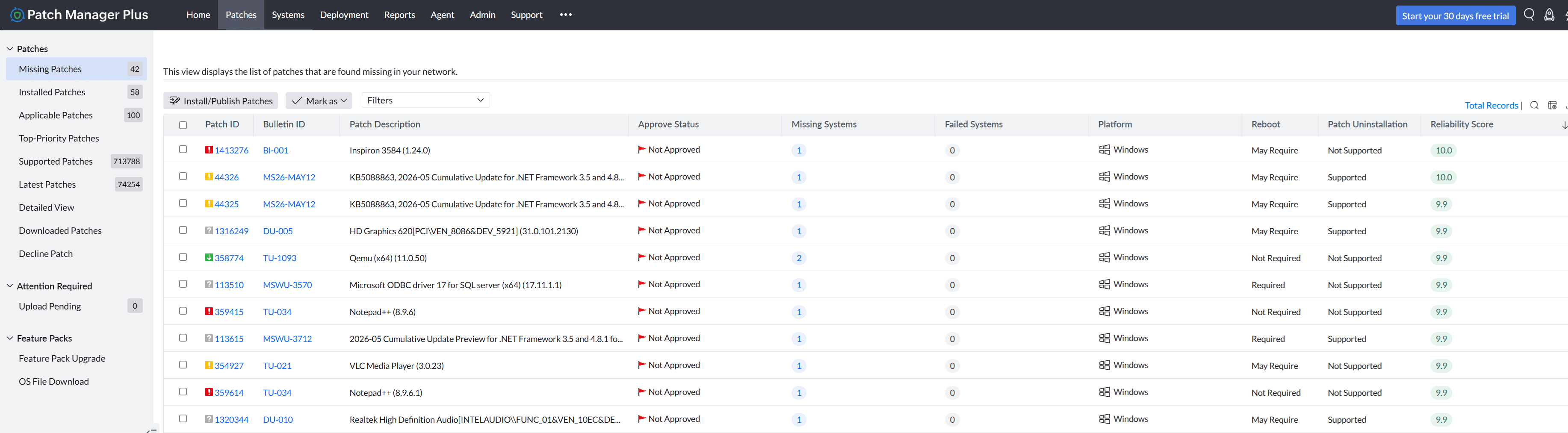 Patch Reliability Score shown against a patch in the Patch Manager Plus console