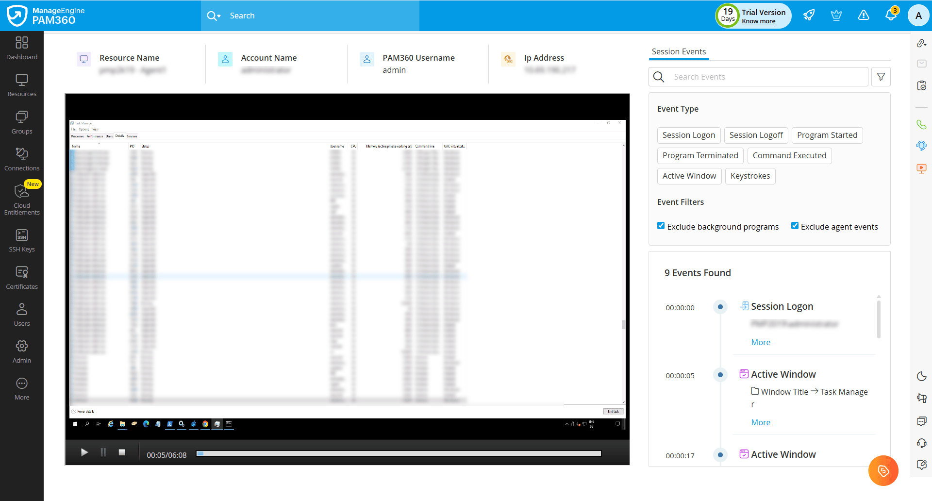 Session events monitoring