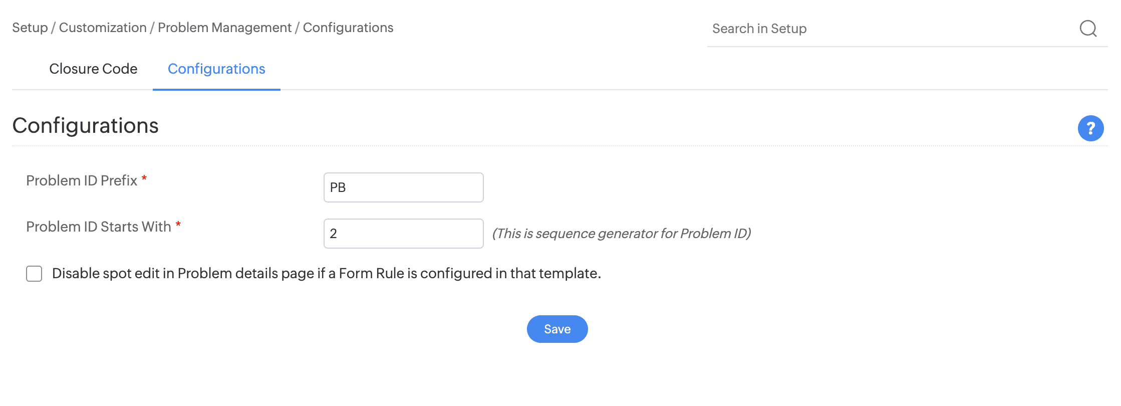 Problem Management Configurations page showing Problem ID Prefix and Problem ID Starts With