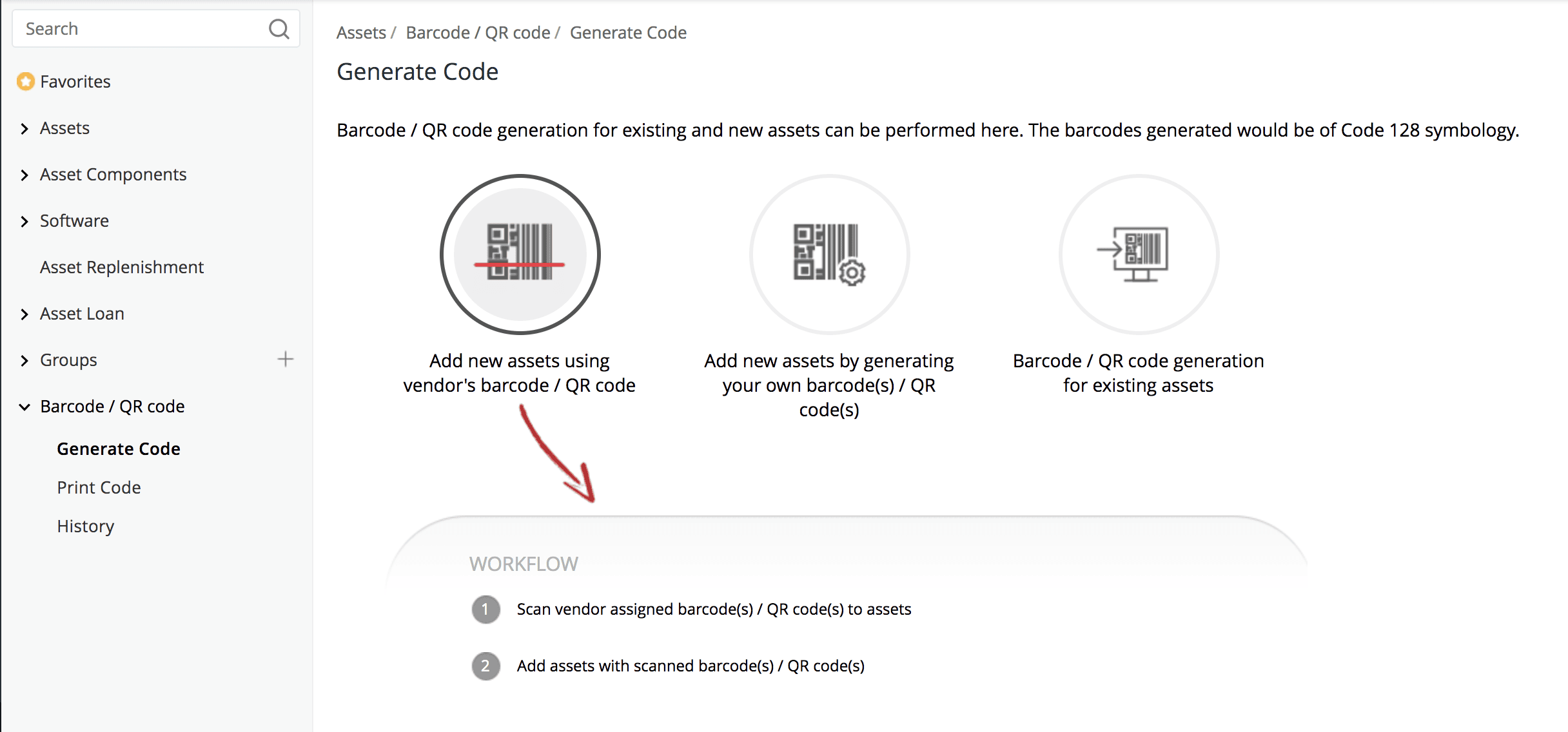 Asset record displaying QR code and barcode for physical scanning and inventory tracking